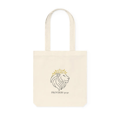Proverbs 30:30 Woven Tote Bag - Proverbs Lion Design, Eco-Friendly Shopping Bag, Gift for Her, Stylish Market Tote, Nature Lover Bag