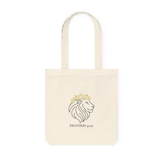 Proverbs 30:30 Woven Tote Bag - Proverbs Lion Design, Eco-Friendly Shopping Bag, Gift for Her, Stylish Market Tote, Nature Lover Bag