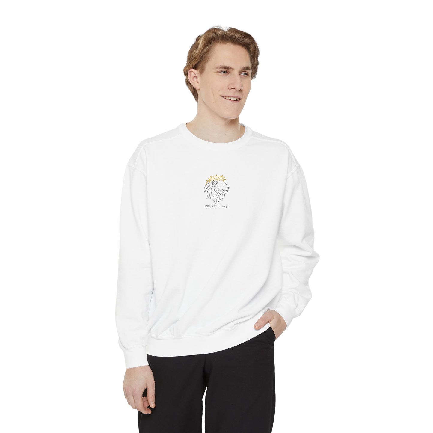 Embroidered Proverbs 30:30 Crewneck with Artistic Lion Design, Cozy Unisex Sweatshirt, Gift for Christ Lovers, Casual Fashion, Show Your Faith Apparel